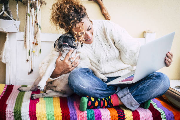 real mejor amigos alegre mujer trabajando en ordenador portátil en la terraza en casa mientras abrazo su mejor amor y amigos sonriendo pug perro sentado a su izquierda. imagen concepto colorido y disfrutar de alternativas par - red hair fotografías e imágenes de stock