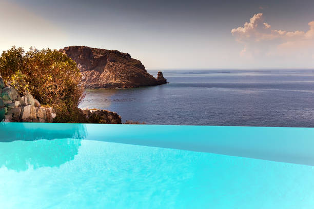 View From swimming pool to the Meditteranean  Sea with the horizon in the background.  Stock Image.