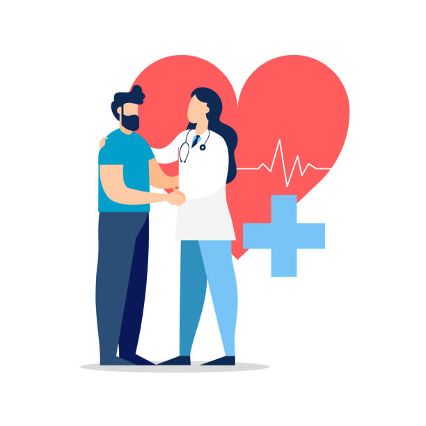 ilustraciones, imágenes clip art, dibujos animados e iconos de stock de visita de doctor con paciente por concepto de la medicina - heart health