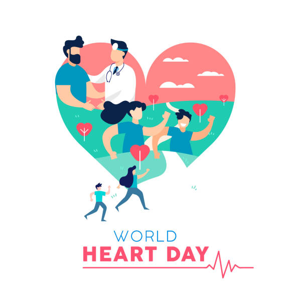 Heart Day concept of healthy people lifestyle World Heart Day illustration concept, health care awareness. People running for disease prevention and doctor with patient. EPS10 vector. World Heart Day  stock illustrations