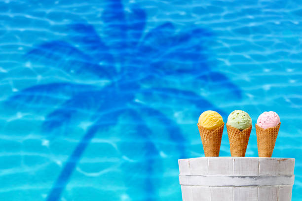 istock Ice cream cones in white bucket on blue water and palm background 1028857068