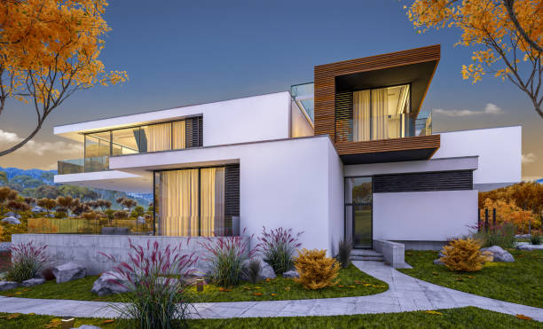 istock 3d rendering of modern cozy house by the river. Cool autumn evening with soft light. 1028861564