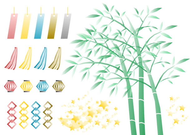 Star Festival icons set Star Festival icons set bamboo leaf stock illustrations