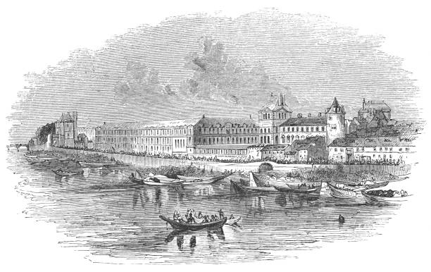 Louvre Palace in Paris, France by Stephano della Bella (1610-1664) from the Works of William Shakespeare. Vintage etching circa mid 19th century.