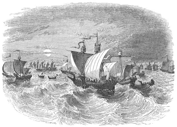 die englische flotte in den ärmelkanal - werke von william shakespeare - henry v stock-grafiken, -clipart, -cartoons und -symbole