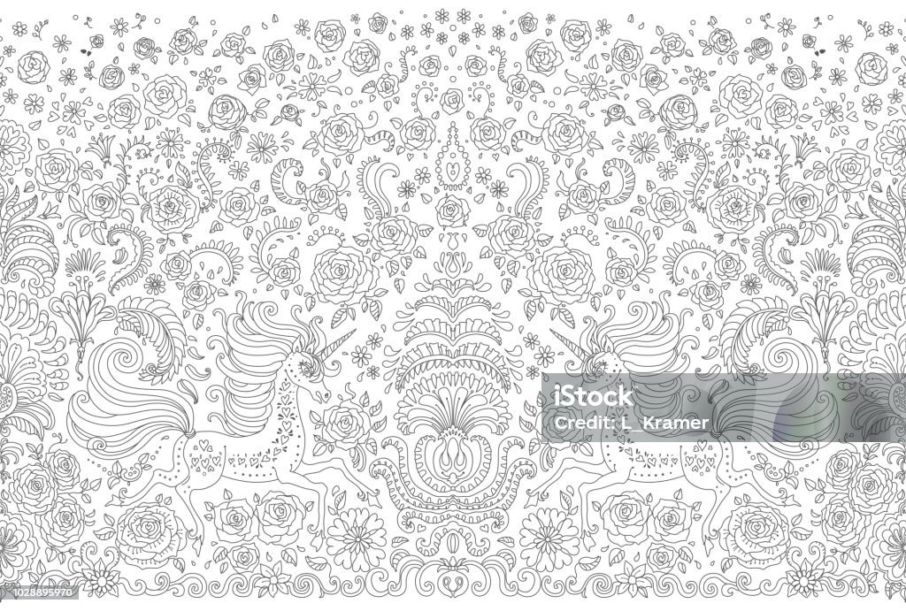 Vector abstract seamless border dark grey unicorn print on a white background. Floral pattern from hand drawn rose flowers, fantasy leaves and fairy tale animal, ornate cute horse. Wallpaper fringe Animal stock vector