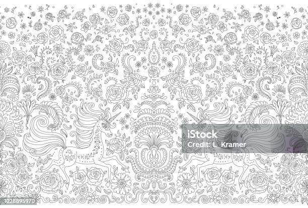 Vector Abstract Seamless Border Dark Grey Unicorn Print On A White Background Floral Pattern From Hand Drawn Rose Flowers Fantasy Leaves And Fairy Tale Animal Ornate Cute Horse Wallpaper Fringe Stock Illustration - Download Image Now