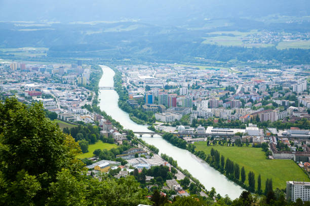 Innsbruck aerial view. Inn river Innsbruck aerial view from Hafelekarspitze mountain. Innsbruck from the top. Austria landmark inn river stock pictures, royalty-free photos & images