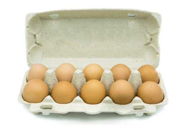 istock Opened egg carton with ten eggs isolated on white background 1028901394