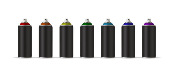 istock Black cans of spray paint in various colors. Colors of Rainbow. Vector illustration 1028909926