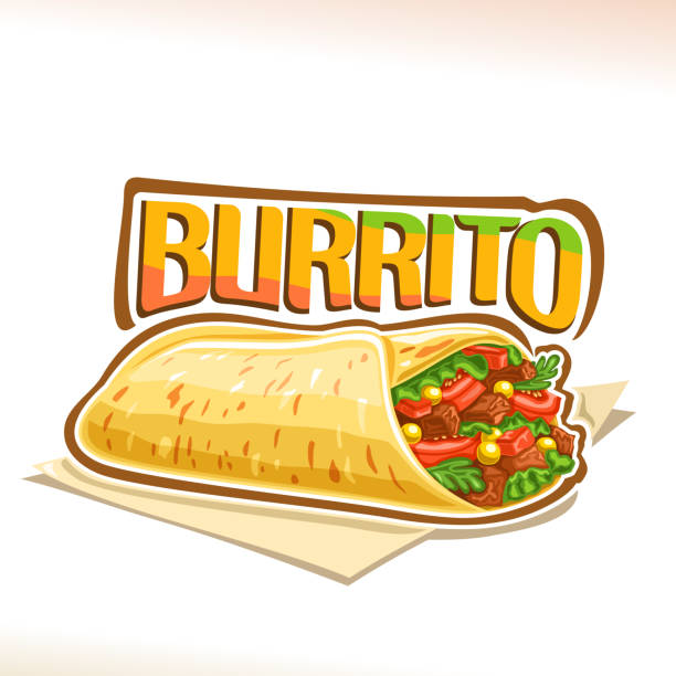 Vector poster for Mexican Burrito Vector poster for Mexican Burrito, tortilla stuffed shredded carnitas and fresh cilantro on napkin, original lettering for word burrito, design label for menu of fast food cafe with mexican cuisine. shredded chicken stock illustrations