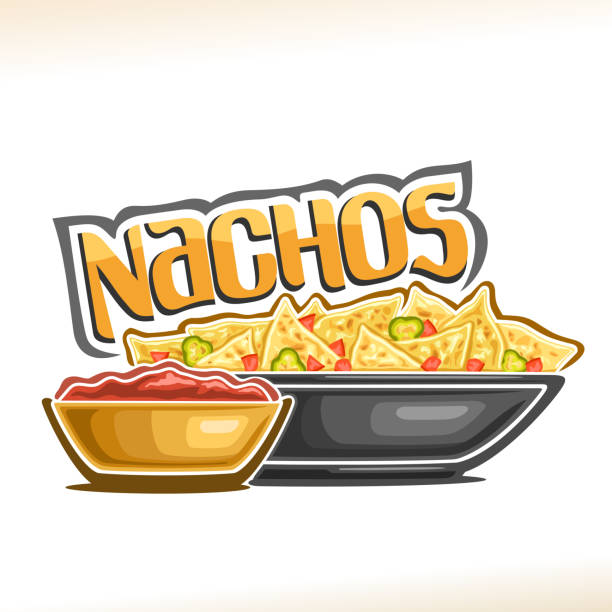 Vector poster for Mexican Nachos Vector poster for Mexican Nachos, corn chips with slice of hot jalapeno and chili in dish, bowl with tomato ketchup, original lettering for word nachos, label for menu of restaurant of mexican cuisine. nacho chip stock illustrations