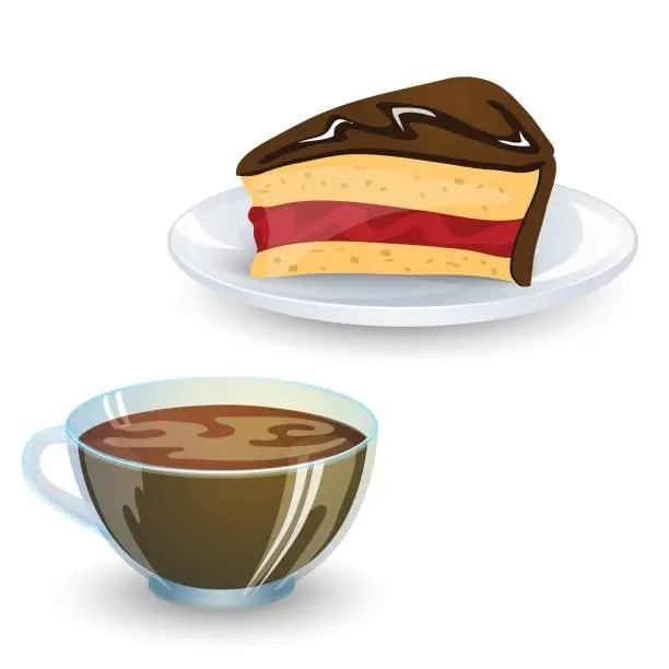 Vector illustration of Transparent cup of coffee and a piece of chocolate cake with jam isolated on white background. Vector illustration.