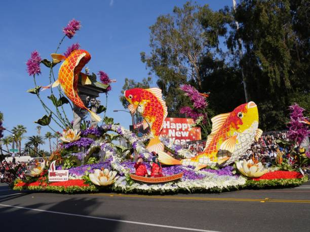 2018 Tournament of Roses Parade- Pasadena, California PASADENA, CALIFORNIA—JANUARY 1, 2018: Wide shot of the Singpoli American BD float, winner of the Sweepstakes Award at the 2018 Tournament of Roses Parade created by Charles Meier of Paradiso Floats. tournament of roses stock pictures, royalty-free photos & images