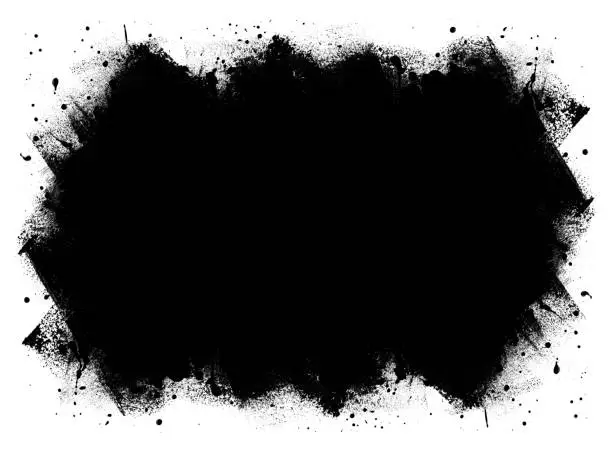 Photo of Abstract messy uneven dirty uniform black stain in the middle of a white piece of paper - creative cloud painted spontaneously with many imperfections dots spots and splashes - monochromatic background with big hole