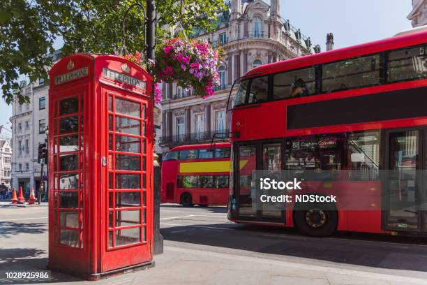 London Telephone Cabin And Double Decker Bus Stock Photo - Download Image Now - London - England, Bus, Street