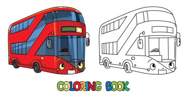 Vector illustration of Funny London bus with eyes. Coloring book