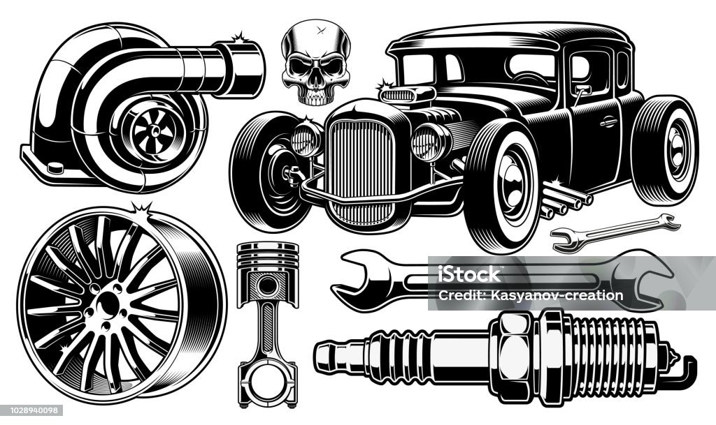 Design elements of car repair. Vintage black and white design elements of car repair. Isolated on white background. Turbocharger stock vector