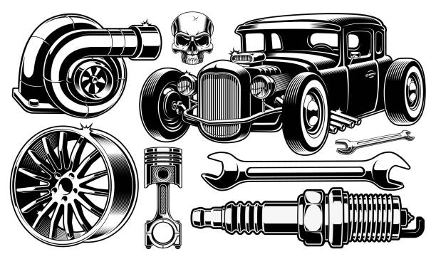 Design elements of car repair. Vintage black and white design elements of car repair. Isolated on white background. turbo stock illustrations