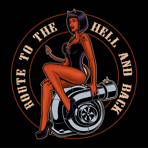 Pin up girl devil on the turbocharger. Pin up girl devil on the turbocharger. Shirt design on dark background. vintage pin up girl tattoo stock illustrations