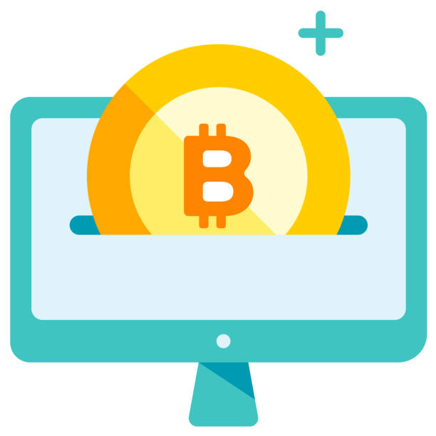 Bitcoin insert flat illustration Bitcoin icon pass through computer screen vector illustration in flat color design btcbit vakances stock illustrations