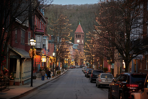 Jim Thorpe, USA/PA December 21. 2017: Jim Thorpe city is famous for the impressing Christmas decorations. People go to the city during the Christmas month to shop and enjoy the lovely Christmas decorations.