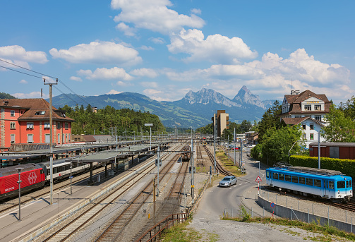 Arth-Goldau, Switzerland - 19 July, 2018: railways of the Arth-Goldau railway station, Mythen summits in the background. Arth-Goldau railway station is a railway station in the municipality of Arth in the Swiss canton of Schwyz, it is an important junction, where the Zug-Arth-Goldau line joins the main line of the Gotthard railway.