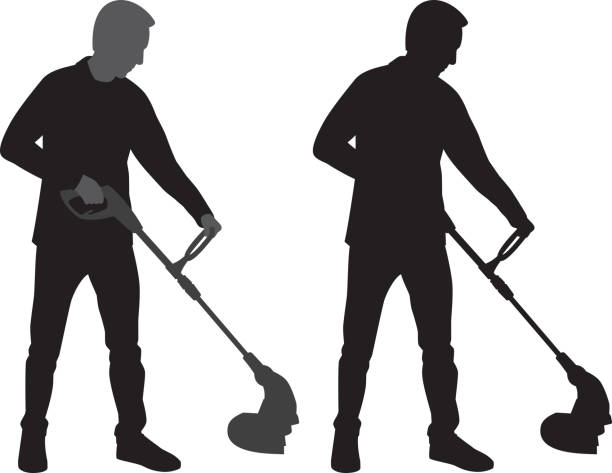 Man Using Weed Wacker Silhouette Vector silhouette of a man using a weed wacker. weeding stock illustrations