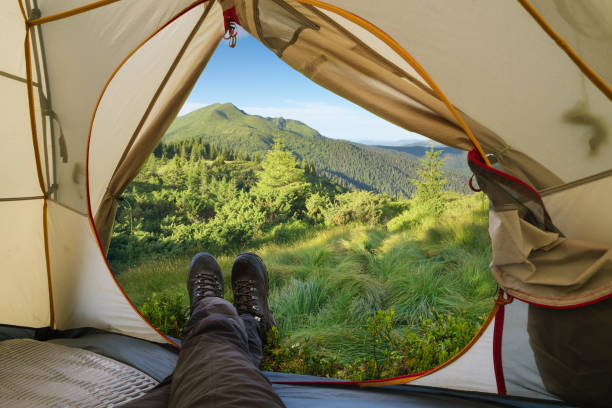 istock Guy is looking from the tent to the mountains 1028959734