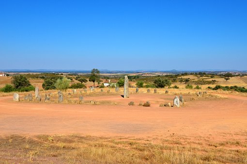 Ferragudo, Monsaraz, Évora district, Portugal: Xarez Cromlech megalithic complex is unusual for its square shape - the central menhir is surrounded by about 50 smaller monoliths - Cromeleque do Xarez