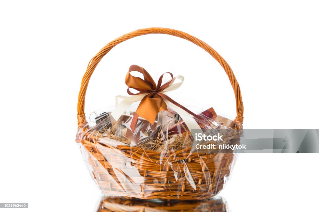 gift basket on white background gift basket isolated on white background Gift Basket Stock Photo