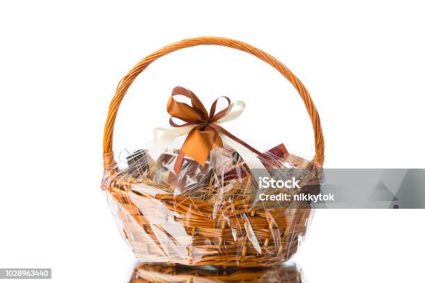 Gift Basket On White Background Stock Photo - Download Image Now - Gift Basket, Basket, Picnic Basket