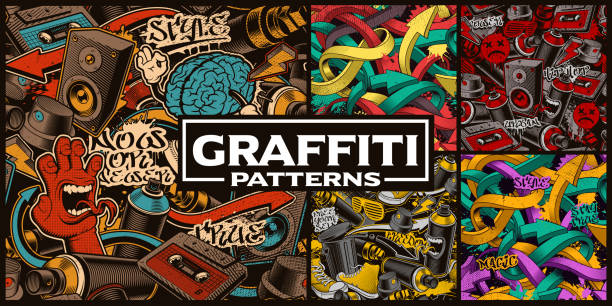 Set of seamless patterns with graffiti art Set of seamless patterns with graffiti art. Fashion backgrounds with doodle characters. graffiti textures stock illustrations