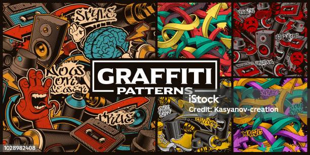 Set Of Seamless Patterns With Graffiti Art Stock Illustration - Download Image Now - Graffiti, Wall - Building Feature, Backgrounds