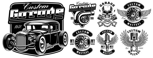Car service badges. Vintage black and white logos, badges, shirt prints of car service. turbo stock illustrations