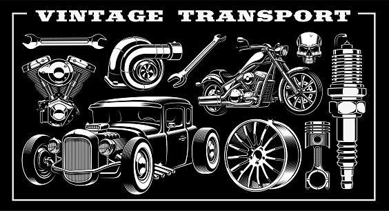 Design set of vintage transportation with different illustrations - hot rod, motorcycle, engine, piston and many other.