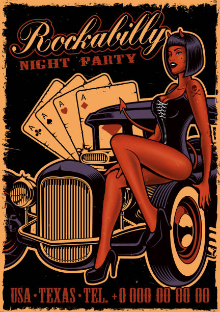 Vintage poster with girl devil on the classic car Vintage poster with girl devil on the classic car on dark background. Flyer template in rockabilly style. pin up tattoo stock illustrations