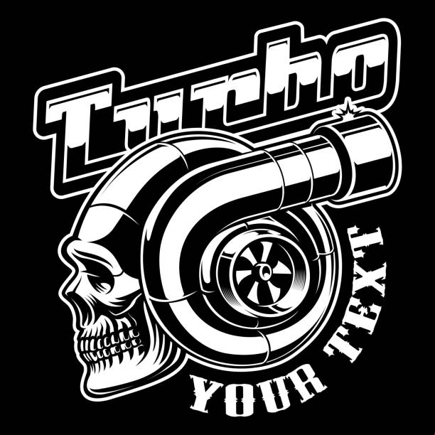 Turbocharger with skull Vector illustration of turbocharger with skull. Street racing logo design on dark background. turbo stock illustrations