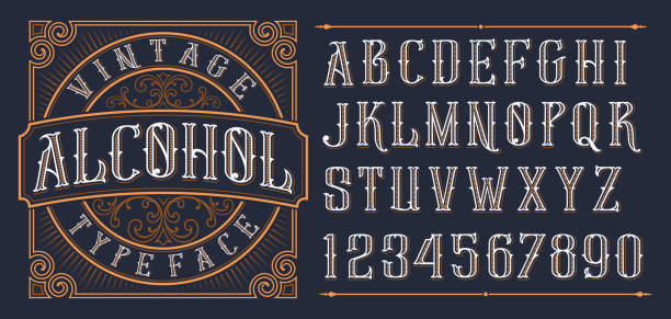 Vintage decorative font. Vintage decorative font. Lettering design in retro style with label. Perfect for alcohol labels, logos, shops and many other. hipster fashion stock illustrations
