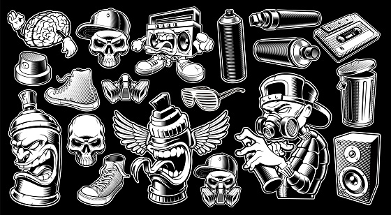 Set of black and white graffiti stickers, logos, badges, shirt designs on dark background.