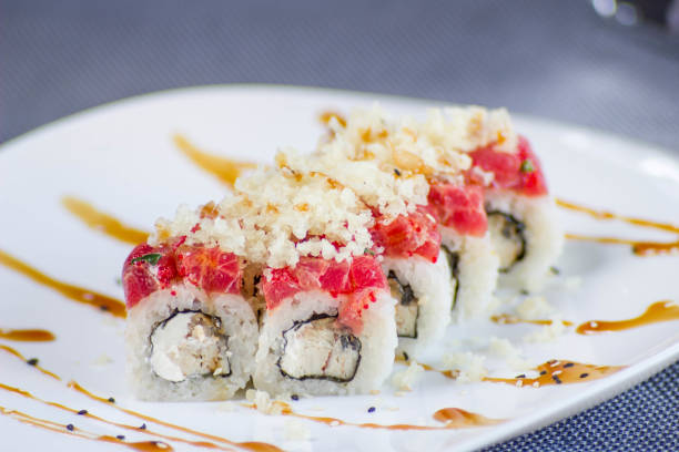 istock sushi with salmon, tofu cheese, fish and caviar. 1028986586
