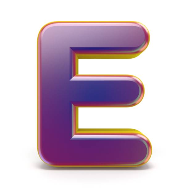 Letter E purple font yellow outlined 3D Letter E purple font yellow outlined 3D rendering illustration isolated on white background 3d red letter e stock pictures, royalty-free photos & images