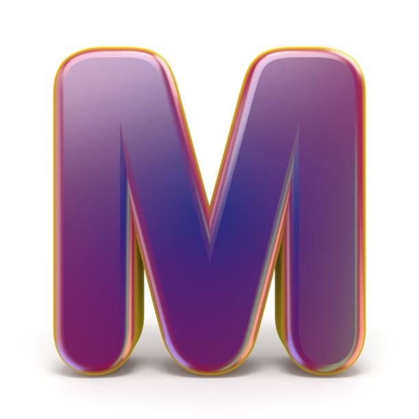 litera m fioletowa czcionka żółta zarysem 3d - letter m alphabet three dimensional shape metal zdjęcia i obrazy z banku zdjęć