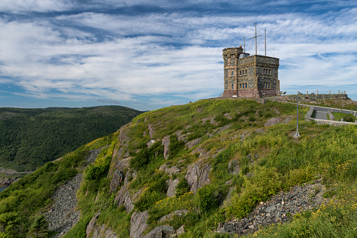 St. John's, Newfoundland, Canada - July 25, 2018: Exterior of the historic Cabot Tower at Signal Hill in St. John's, Newfoundland and Labrador