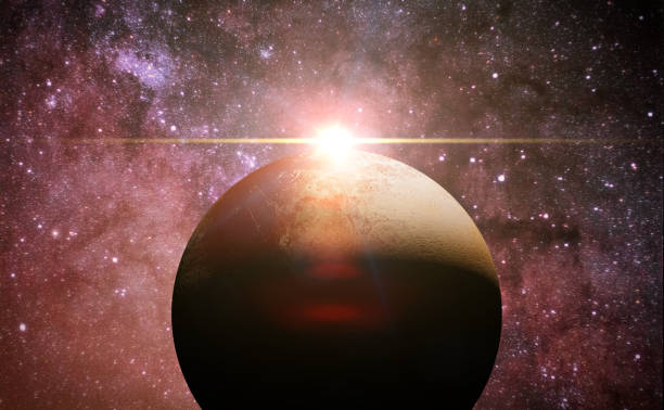 dwarf planet Pluto in front of the colorful galaxy and the Sun artist's interpretation of the dwarf planet Pluto in beautiful and colouful space scene colour enhanced stock pictures, royalty-free photos & images