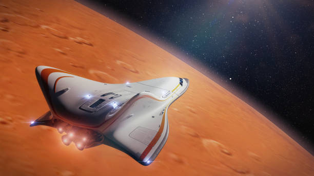 futuristic spaceship in orbit of the planet Mars, shuttle mission to the red planet (3d render) futuristic spaceship in orbit of the planet Mars, shuttle mission to the red planet (3d science fiction illustration, elements of this image are furnished by NASA) futuristic spaceship stock pictures, royalty-free photos & images