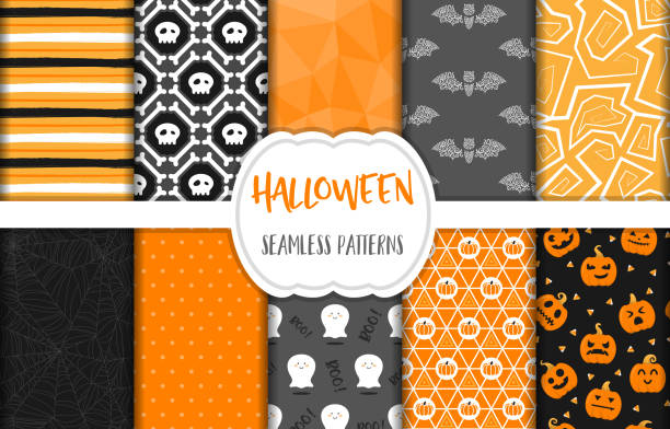 halloween musterdesign hintergrund vektor festgelegt - patterned halloween background stock-grafiken, -clipart, -cartoons und -symbole