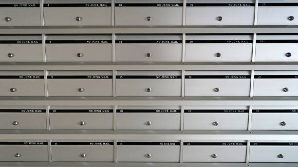 istock No junk mail, silver metal mailbox pattern with lockable center in a building 1029051732