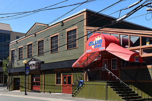 St. John's, NL, Canada - August 11, 2018:  Popular saloon Sundance and Club One on the famous George Street which is known for it nightlife with many bars and pubs.