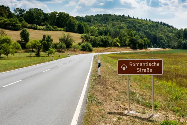 Signboard of Romantic Road (Romantische Strasse) in Bavaria, Germany.